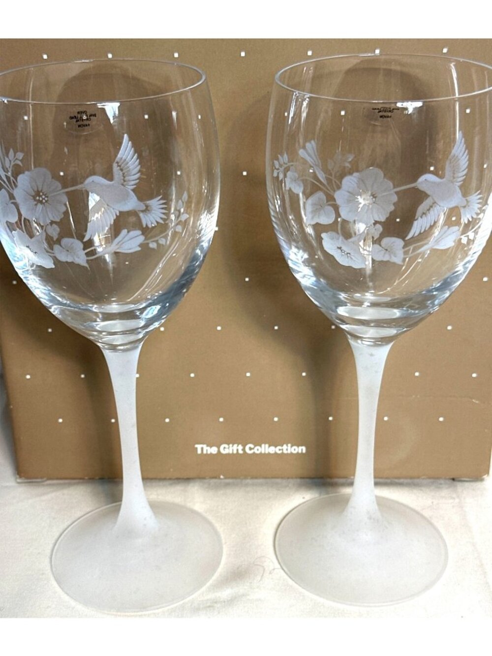 Elegant Frosted Stem Crystal Goblets France Etched Floral Hummingbird Vintage